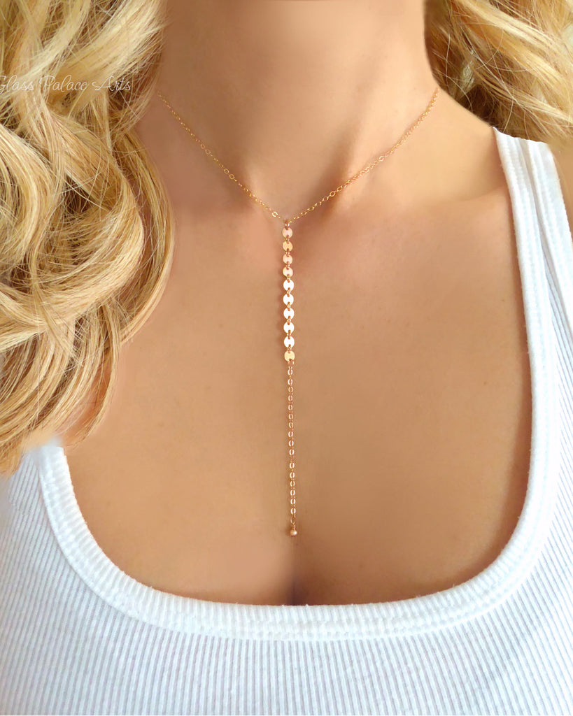 Long Chain Lariat Y Necklace For Women Sterling Silver Rose Gold