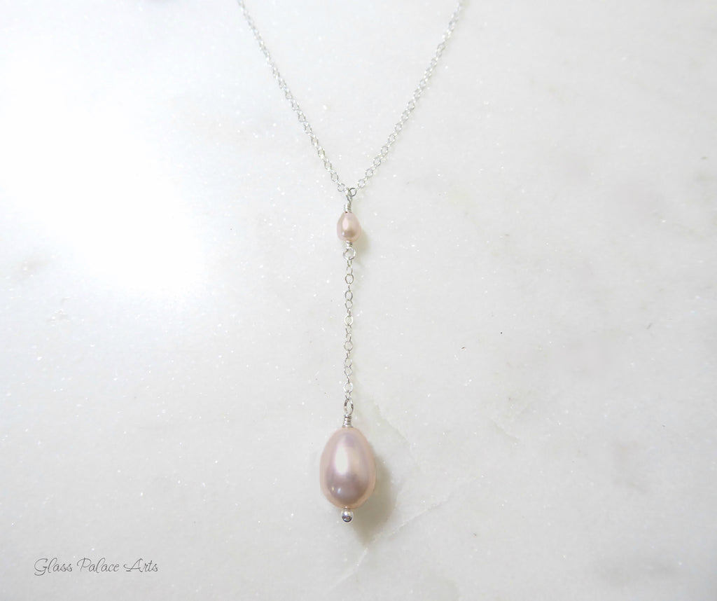 Champagne Pink Freshwater Pearl Y Necklace - Sterling Silver, Rose Gold or Gold