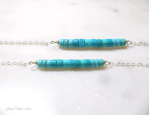 Genuine Beaded Turquoise Bar Necklace For Women - Sterling Silver or Gold
