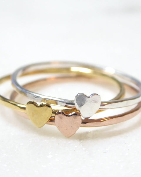 Tiny Heart Ring For Women Gold - Dainty Minimalist Hammered Stacking Ring