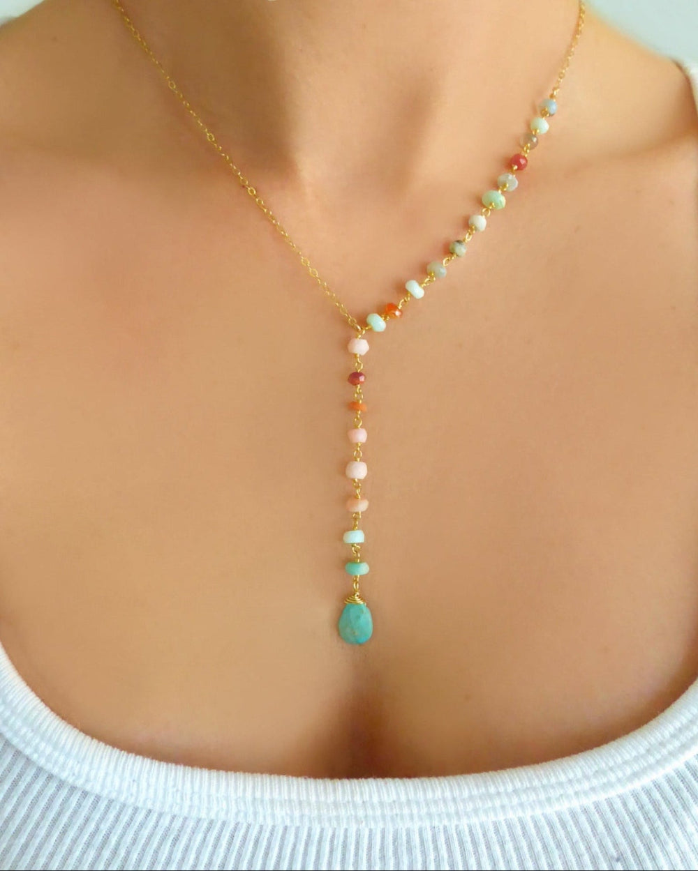 Peruvian Opal And Turquoise Lariat Gemstone Necklace For Women