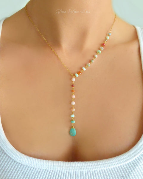 Peruvian Opal And Turquoise Lariat Gemstone Necklace For Women