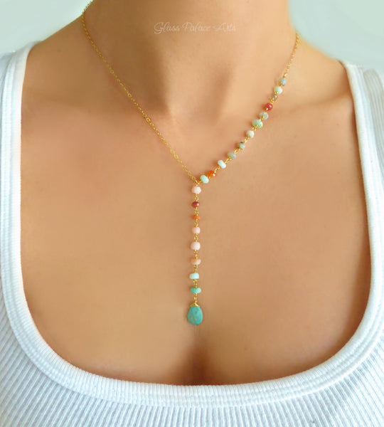 Peruvian Opal And Turquoise Lariat Gemstone Necklace For Women
