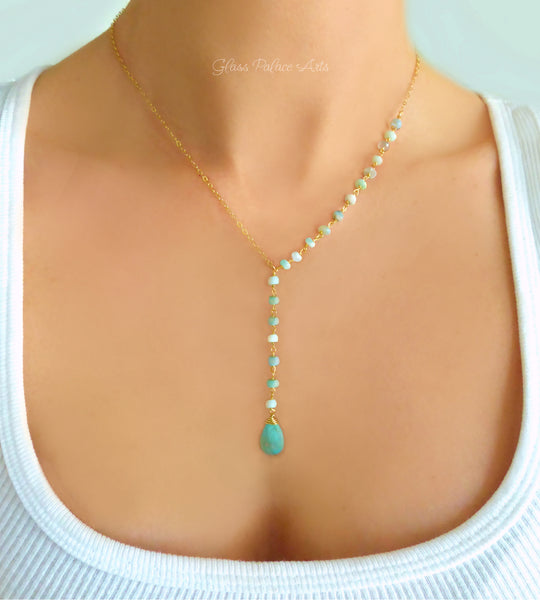 Peruvian Opal and Turquoise Lariat Y Gemstone Necklace - Sterling Silver or Gold