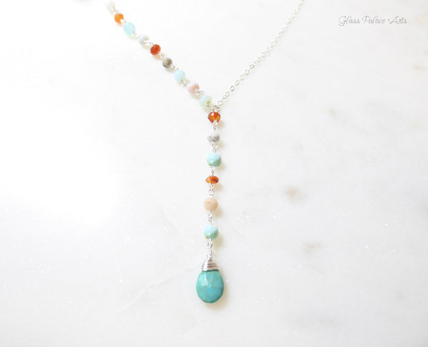 Peruvian Opal And Turquoise Lariat Gemstone Necklace For Women