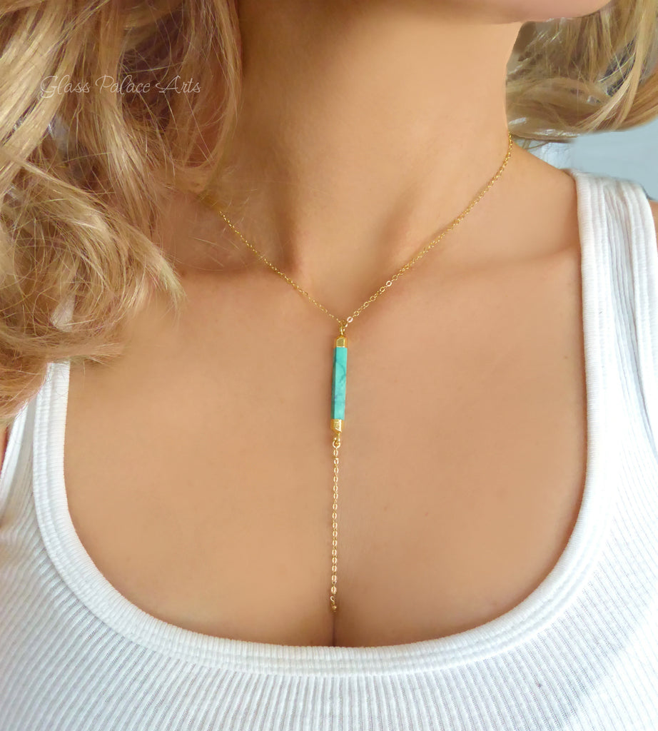 Long Turquoise Lariat Necklace With Turquoise Bar Drop
