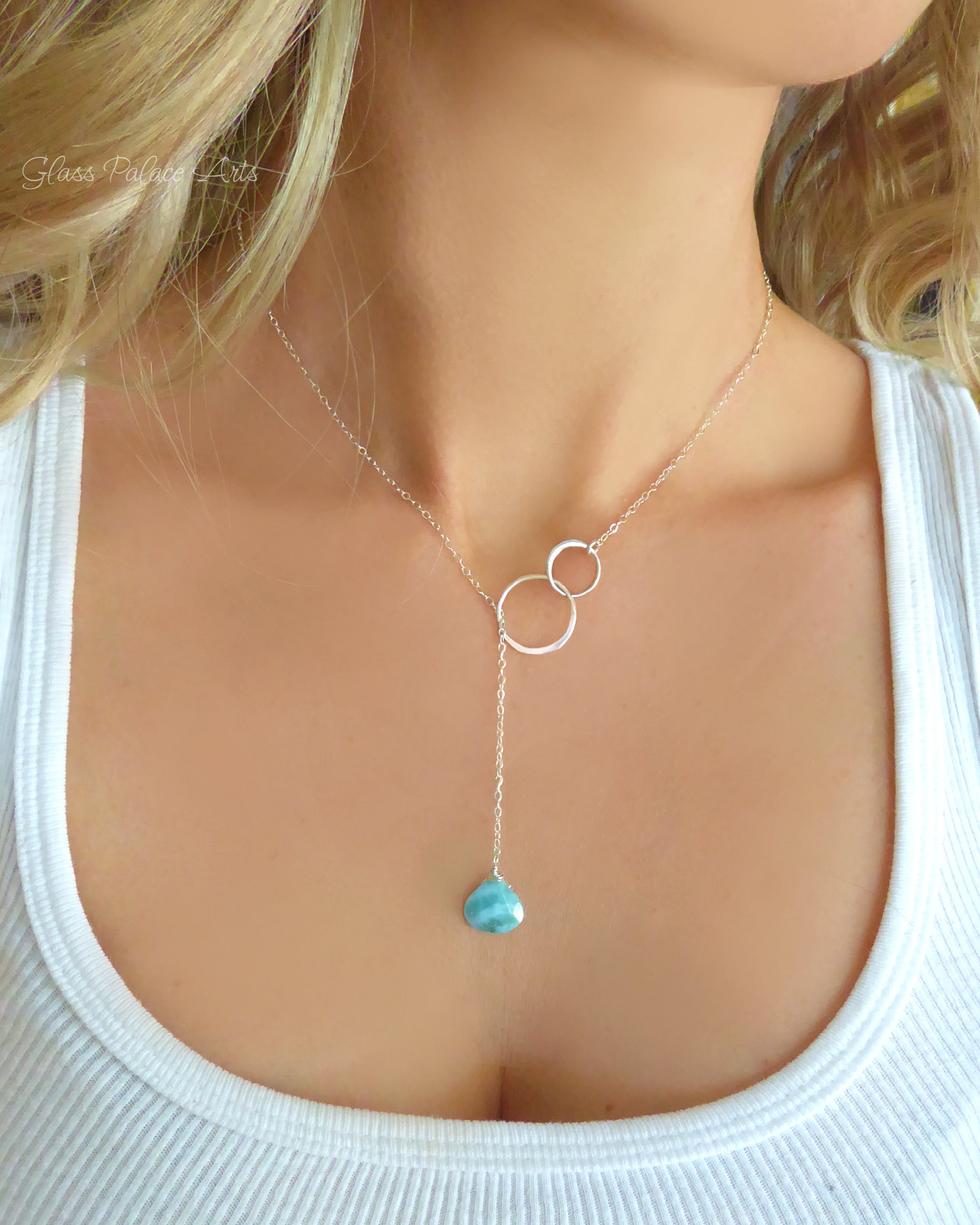 Natural Larimar Lariat Necklace - Dominican Caribbean Gemstone