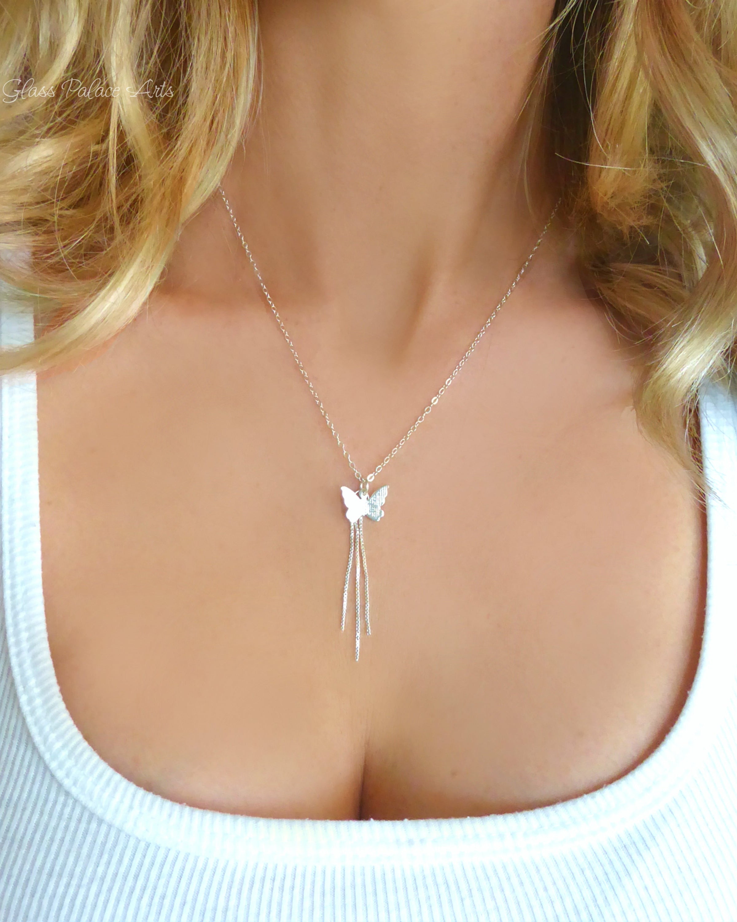 Sterling Silver Butterfly Necklace With Pendant Chain Dangle