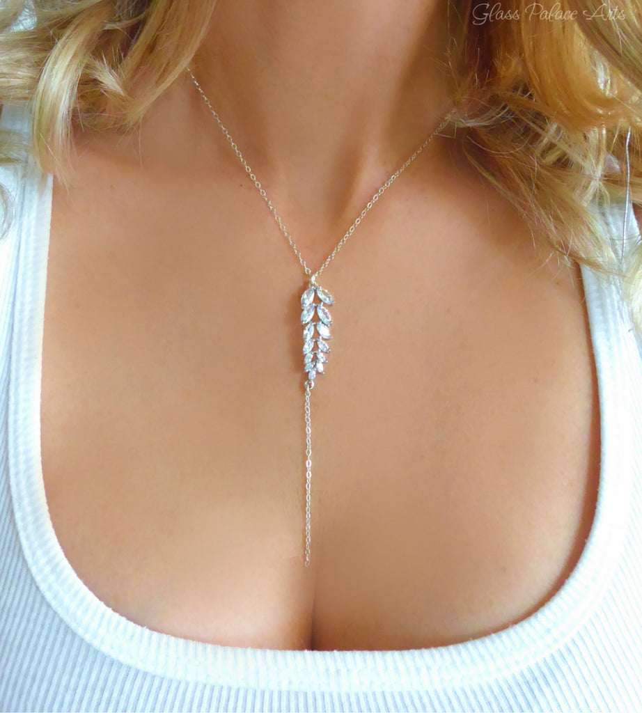 Cubic Zirconia Crystal Necklace With Leaf Drop - Sterling Silver, Gold, Rose Gold