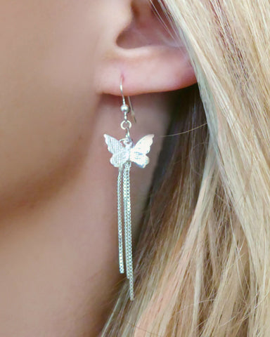 Sterling Silver Butterfly Earrings With Chain Dangle