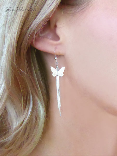 Sterling Silver Butterfly Earrings With Chain Dangle