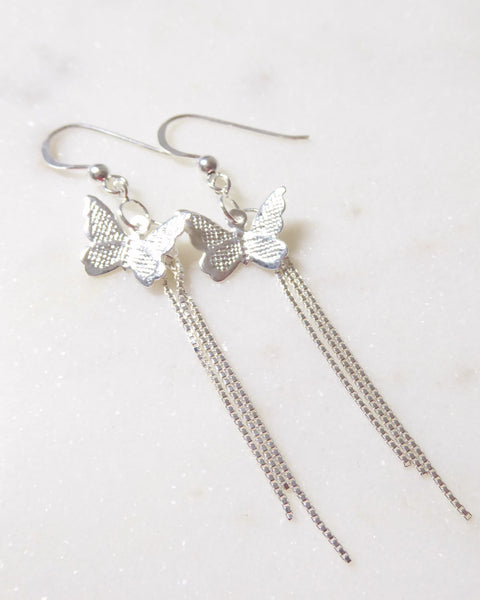 Sterling Silver Butterfly Earrings With Chain Dangle