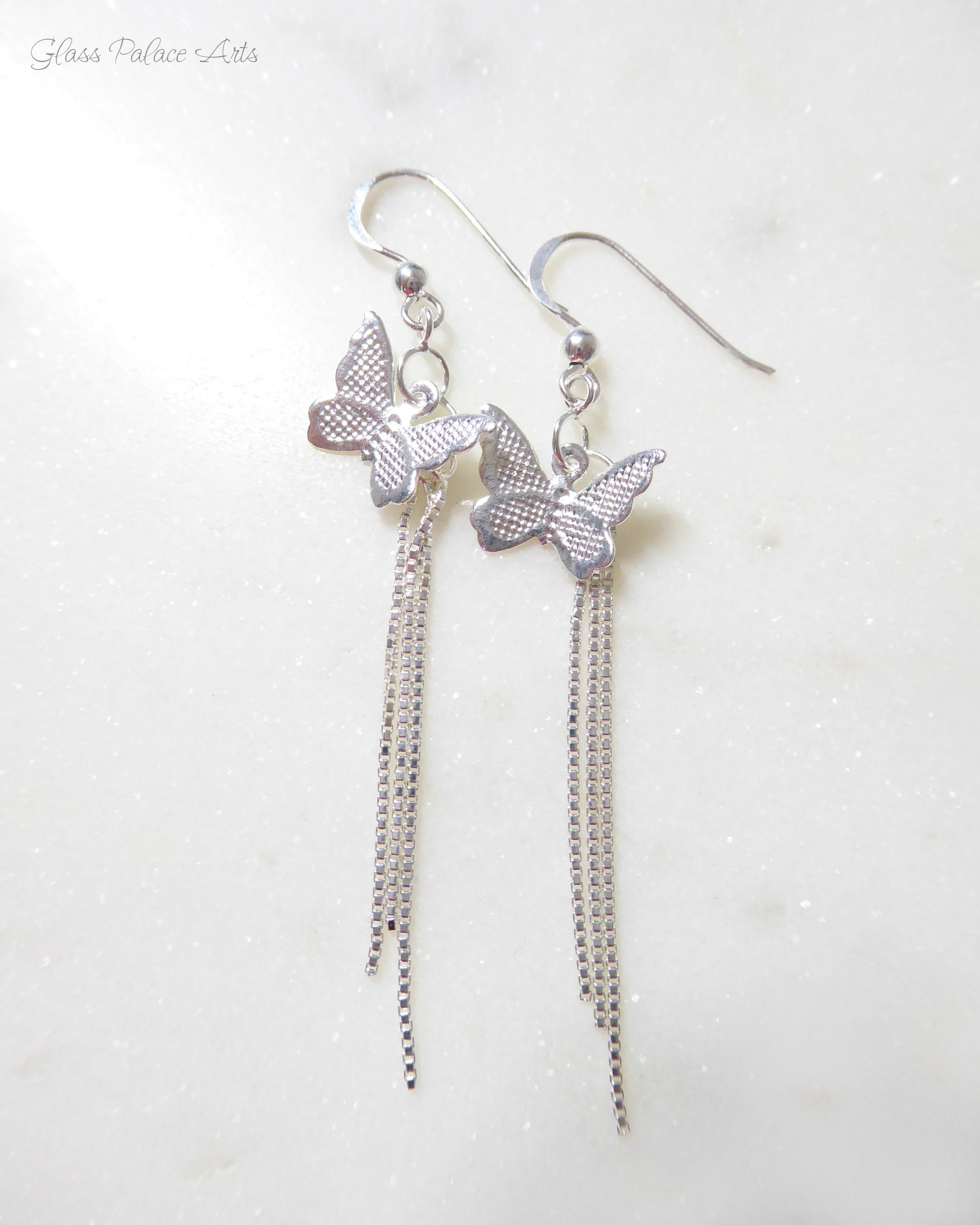 Long Sterling Silver Butterfly Earrings With Chain Dangle