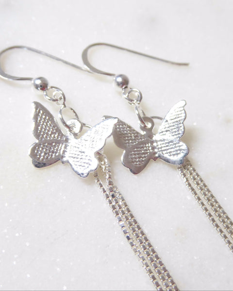Sterling Silver Butterfly Earrings With Chain Dangle