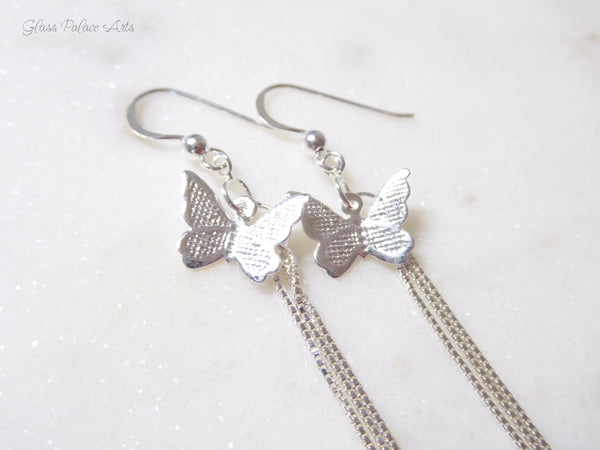 Sterling Silver Butterfly Earrings With Chain Dangle