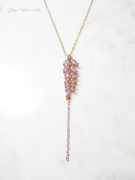 Cubic Zirconia Crystal Necklace With Leaf Drop - Sterling Silver, Gold, Rose Gold