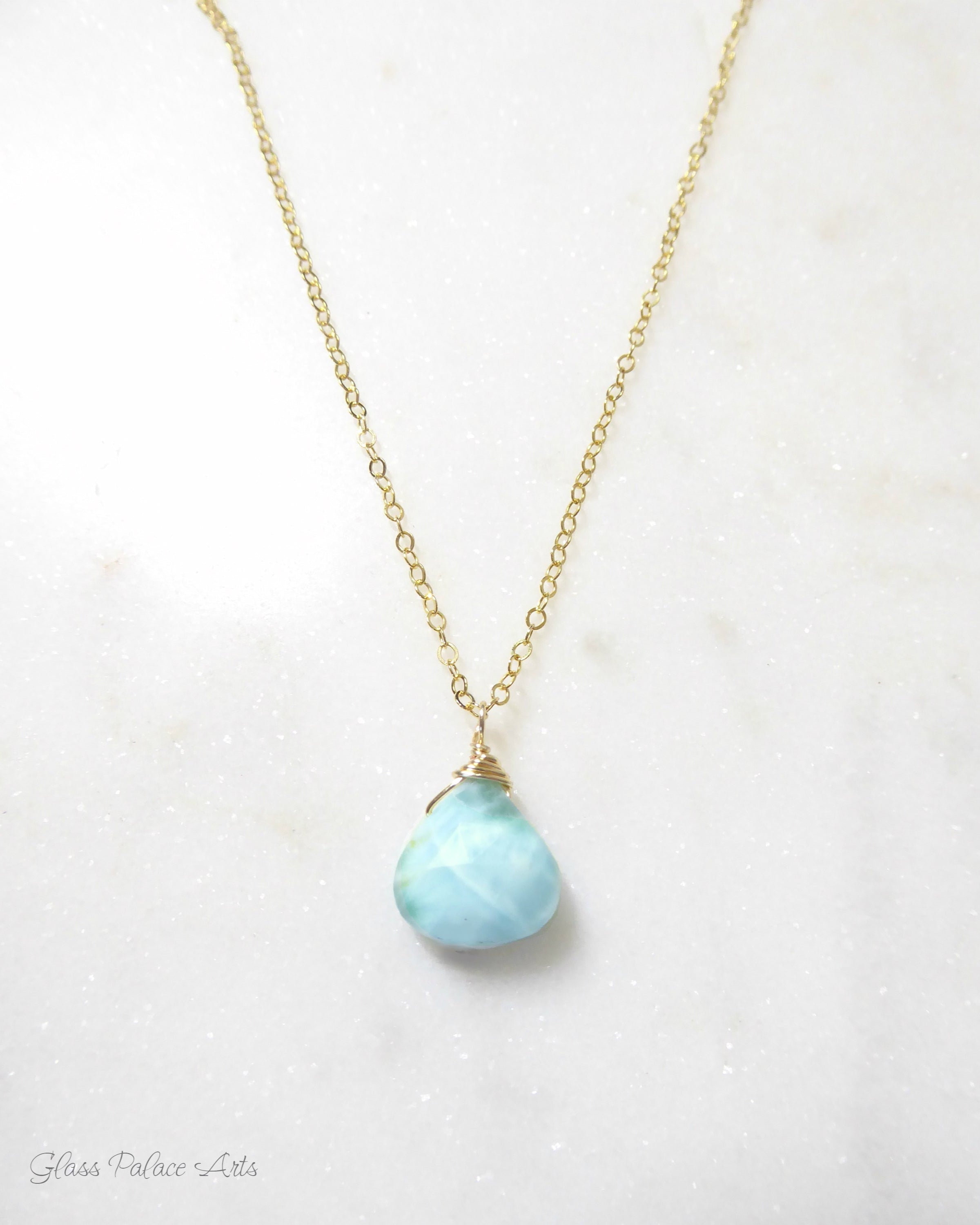 Larimar Necklace With Teardrop Pendant - 925 Sterling Silver, or 14k Gold Fill