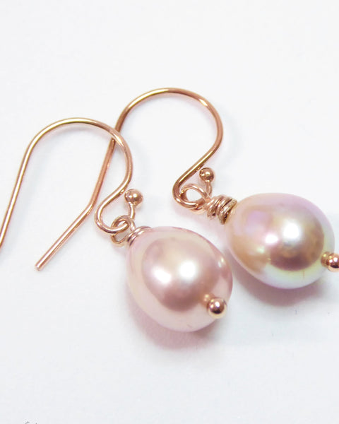 Freshwater Pearl Champagne Pink Pearl Teardrop Earrings - Sterling Silver, Gold or Rose Gold