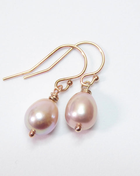 Freshwater Pearl Champagne Pink Pearl Teardrop Earrings - Sterling Silver, Gold or Rose Gold