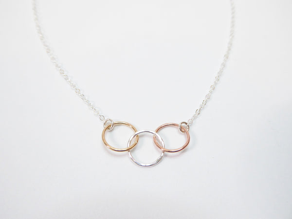 Three Circle Necklace For Women, Mixed Metal Trio 14k Gold Fill, Rose Gold, Sterling Silver