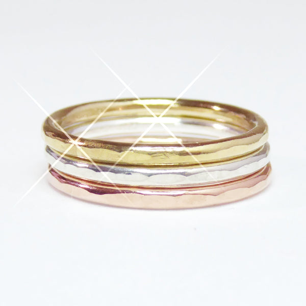 Mixed Metal Three Ring Stacking Set For Women - Hammered Sterling Silver, 14k Gold Fill, Rose Gold Fill