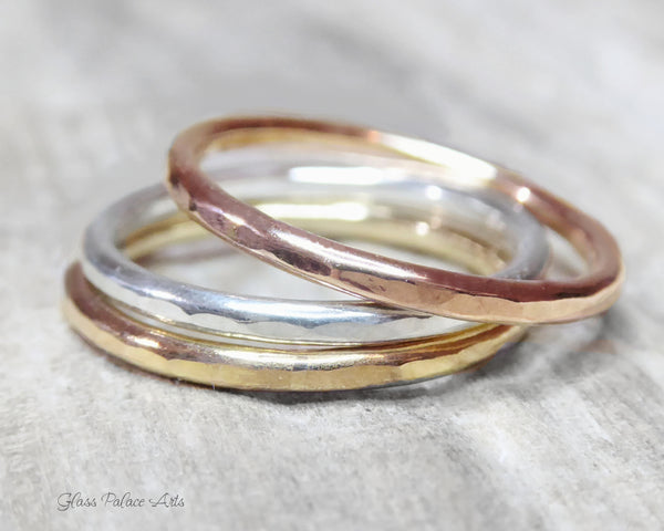 Mixed Metal Three Ring Stacking Set For Women - Hammered Sterling Silver, 14k Gold Fill, Rose Gold Fill