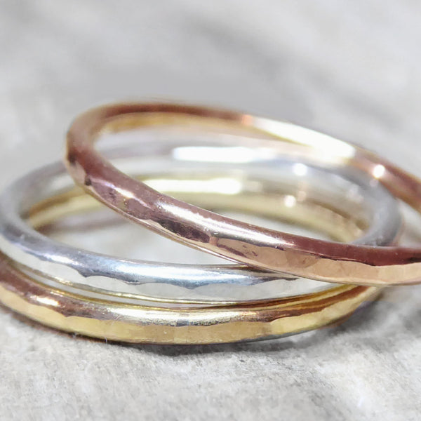 Mixed Metal Three Ring Stacking Set For Women - Hammered Sterling Silver, 14k Gold Fill, Rose Gold Fill