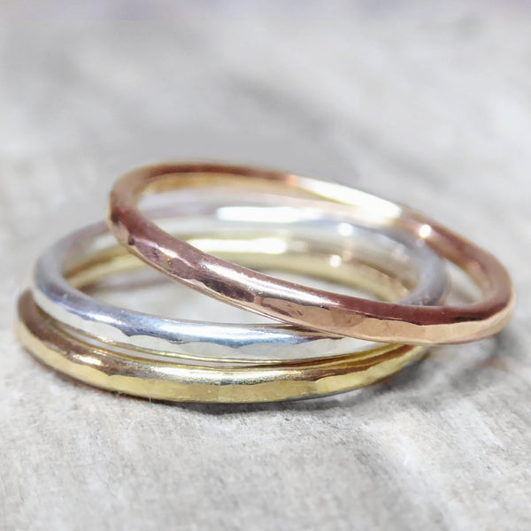 Mixed Metal Three Ring Stacking Set For Women - Hammered Sterling Silver, 14k Gold Fill, Rose Gold Fill