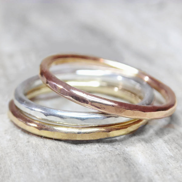 Mixed Metal Three Ring Stacking Set For Women - Hammered Sterling Silver, 14k Gold Fill, Rose Gold Fill