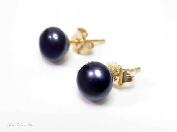 Black Dark Blue Freshwater Pearl Stud Earrings For Women - 14k Gold Fill or Sterling Silver