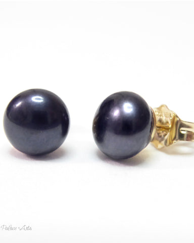 Black Dark Blue Freshwater Pearl Stud Earrings For Women - 14k Gold Fill or Sterling Silver