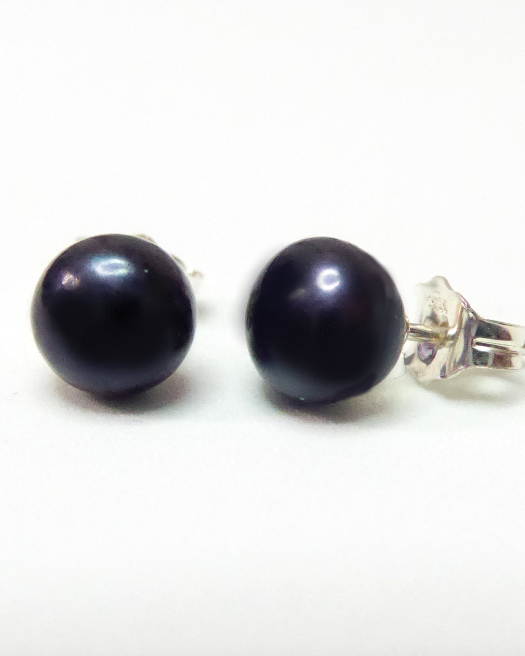 Black Dark Blue Freshwater Pearl Stud Earrings For Women - Sterling Silver