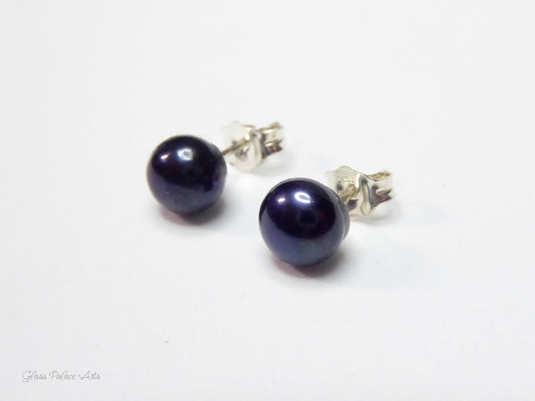 Black Dark Blue Freshwater Pearl Stud Earrings For Women - 14k Gold Fill or Sterling Silver