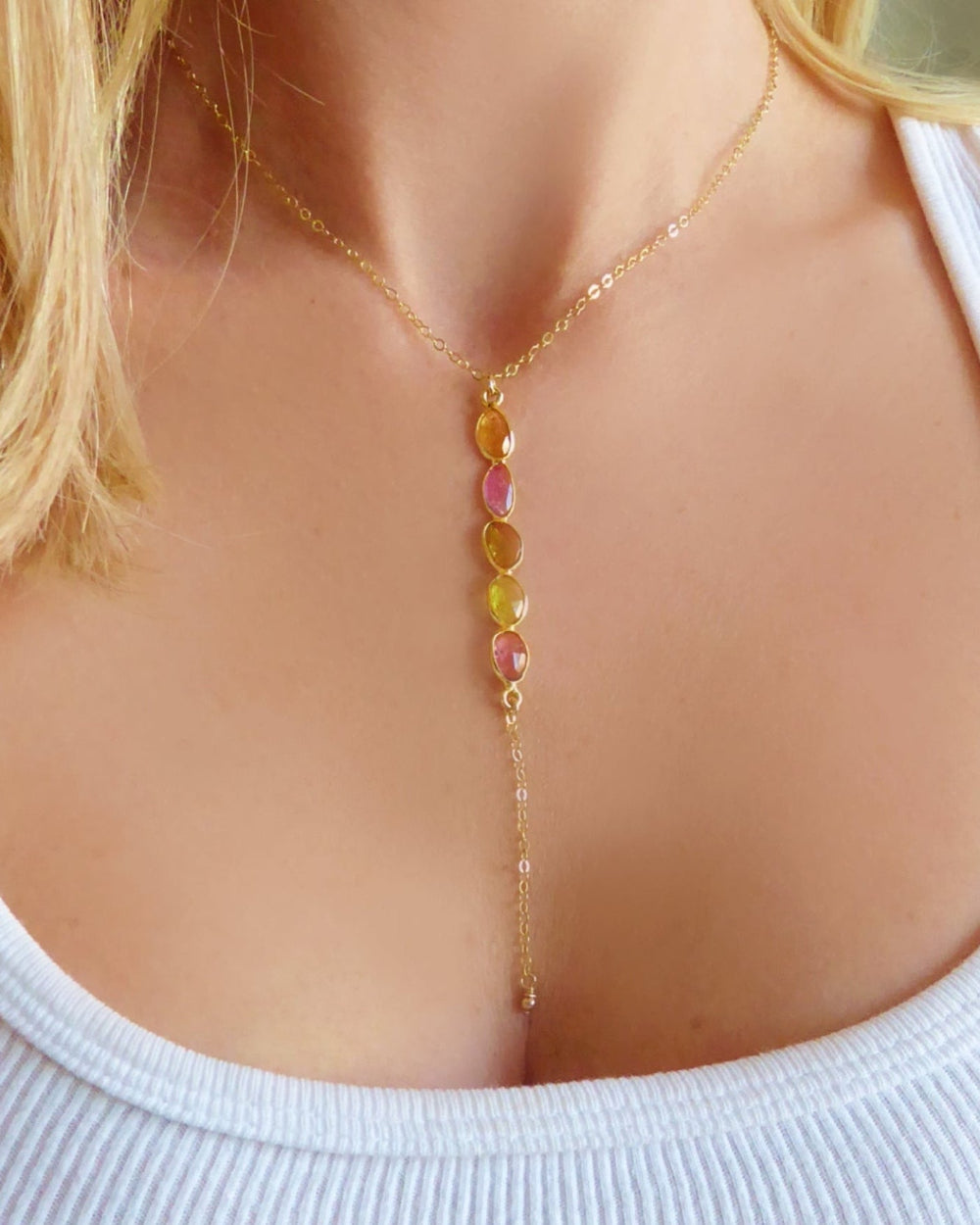 Tourmaline Lariat Necklace For Women With Mixed Colors