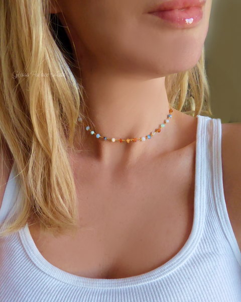 Multi Color Peruvian Opal Gemstone Choker Necklace For Women - Sterling Silver, Gold or Rose Gold
