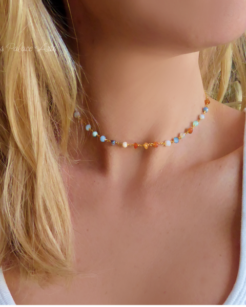Multi Color Peruvian Opal Gemstone Choker Necklace For Women - Sterling Silver, Gold or Rose Gold
