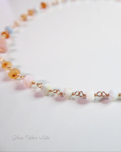 Multi Color Peruvian Opal Gemstone Choker Necklace For Women - Sterling Silver, Gold or Rose Gold