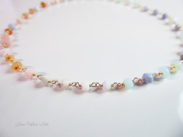 Multi Color Peruvian Opal Gemstone Choker Necklace For Women - Sterling Silver, Gold or Rose Gold