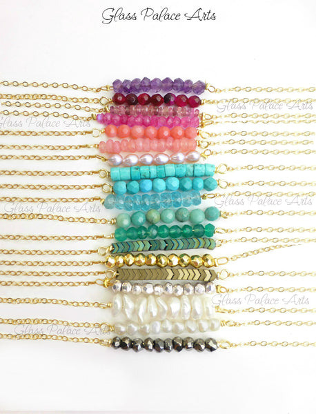 Beaded Gemstone Bar Necklace For Women - Choose Your Gemstone