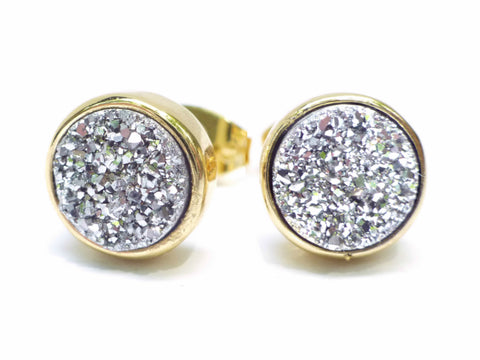 Silver and Gold Real Druzy Stud Earrings 8mm - Made With Real Sparkling Crystal Quartz Agate