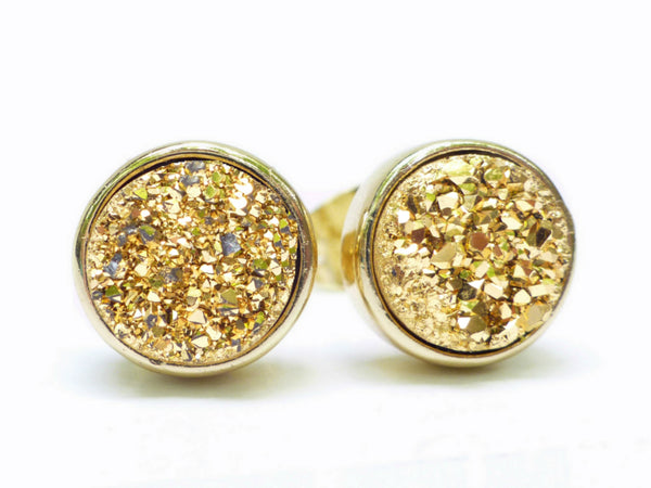 Gold Druzy Stud Earrings For Women, Sparkling Quartz Agate Crystal 8 MM