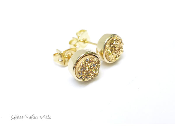 Gold Druzy Stud Earrings For Women, Sparkling Quartz Agate Crystal 8 MM