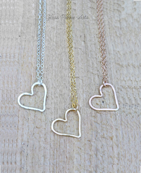 Floating Hammered Open Heart Necklace - Sterling Silver, Gold or Rose Gold