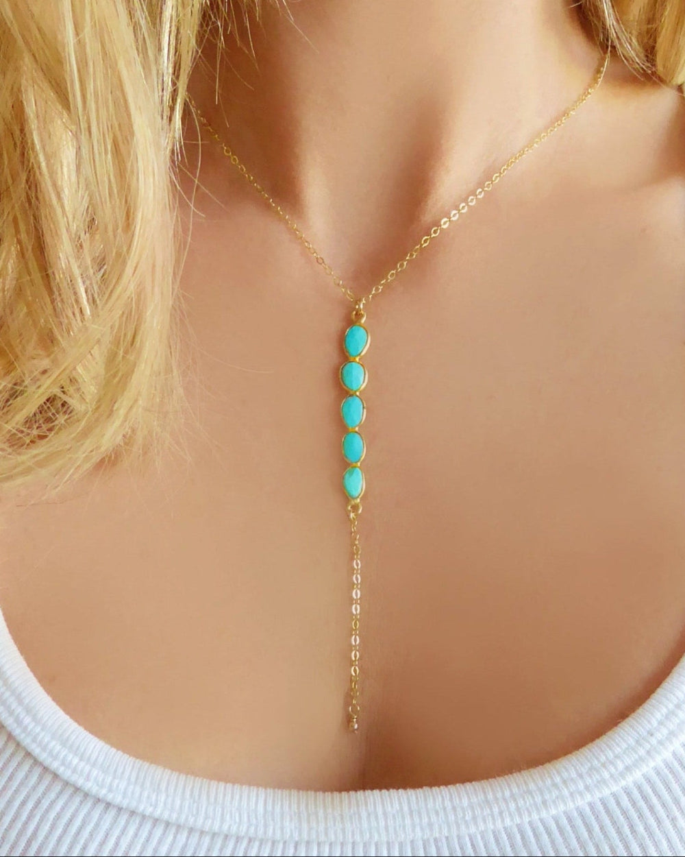 Long Turquoise Pendant Lariat Necklace For Women
