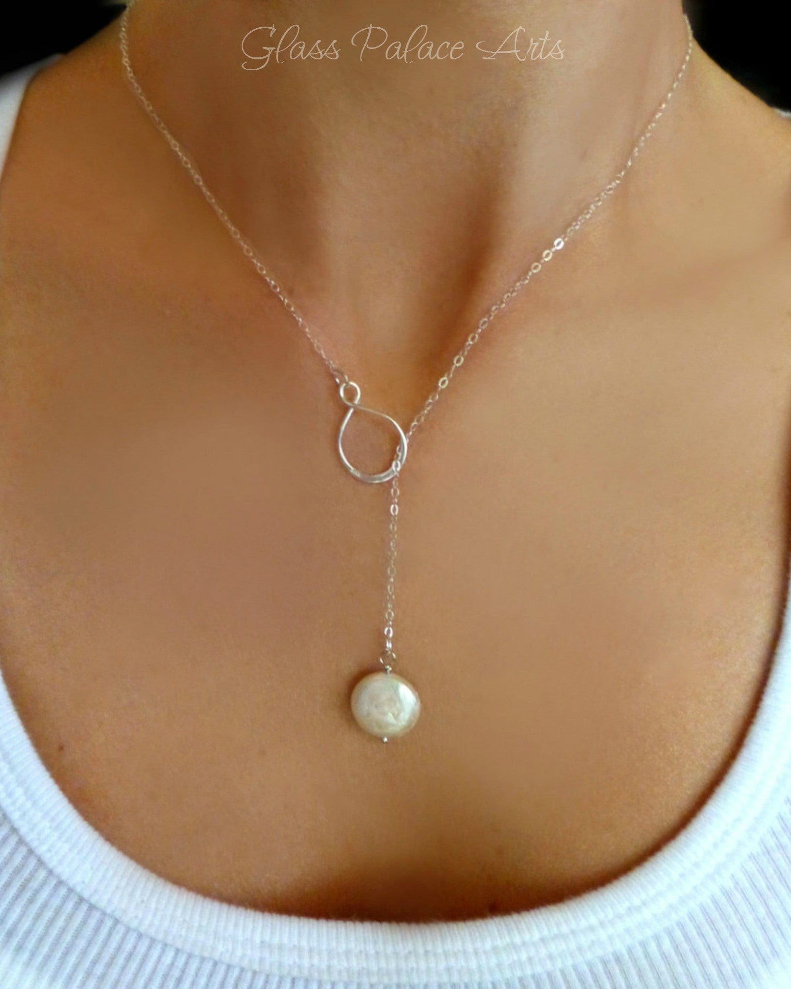 Infinity Pearl Lariat Necklace in Sterling Silver
