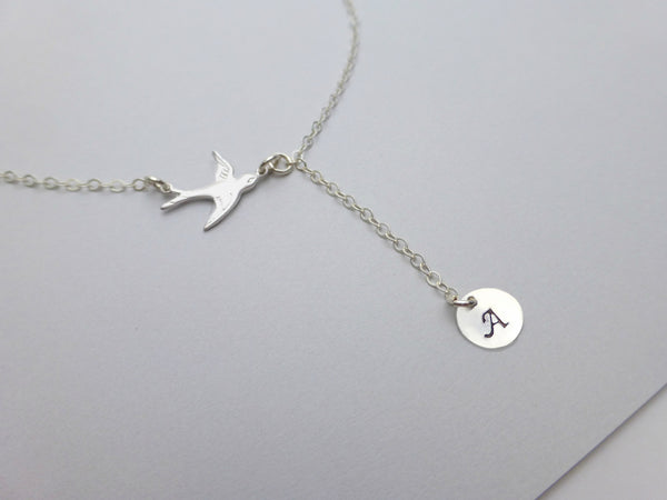 Personalized Necklace With Flying Bird And Stamped Disk - Silver or Gold