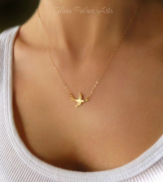 Small Bird Flying Dove Necklace - Gold or Silver