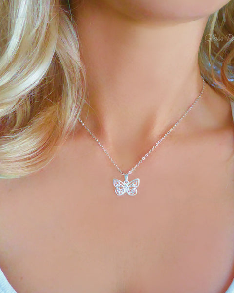 Dainty Sterling Silver Butterfly Pendant Necklace For Women