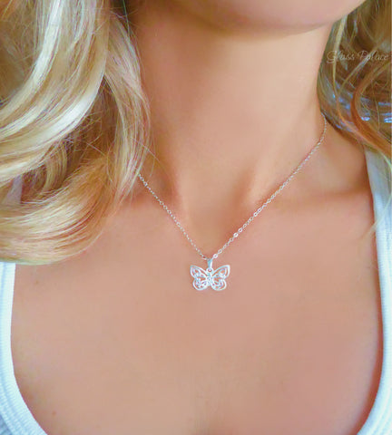 Dainty Sterling Silver Butterfly Pendant Necklace For Women