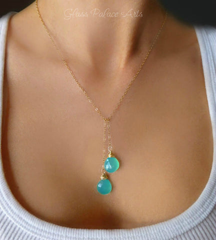 Lariat Necklace With Aqua Chalcedony Teardrop Gemstones - In Shiny Sterling Silver or 14k Gold Filled